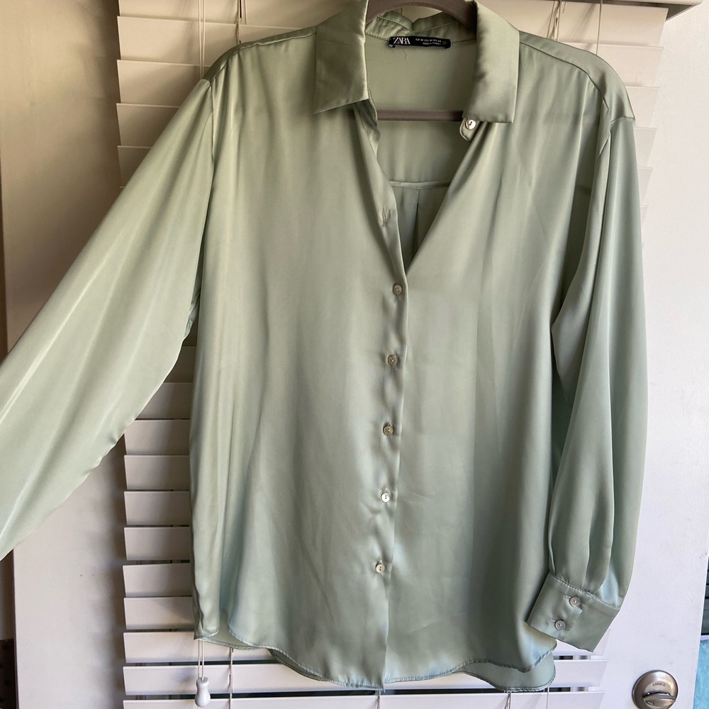 Zara satin button down in light green